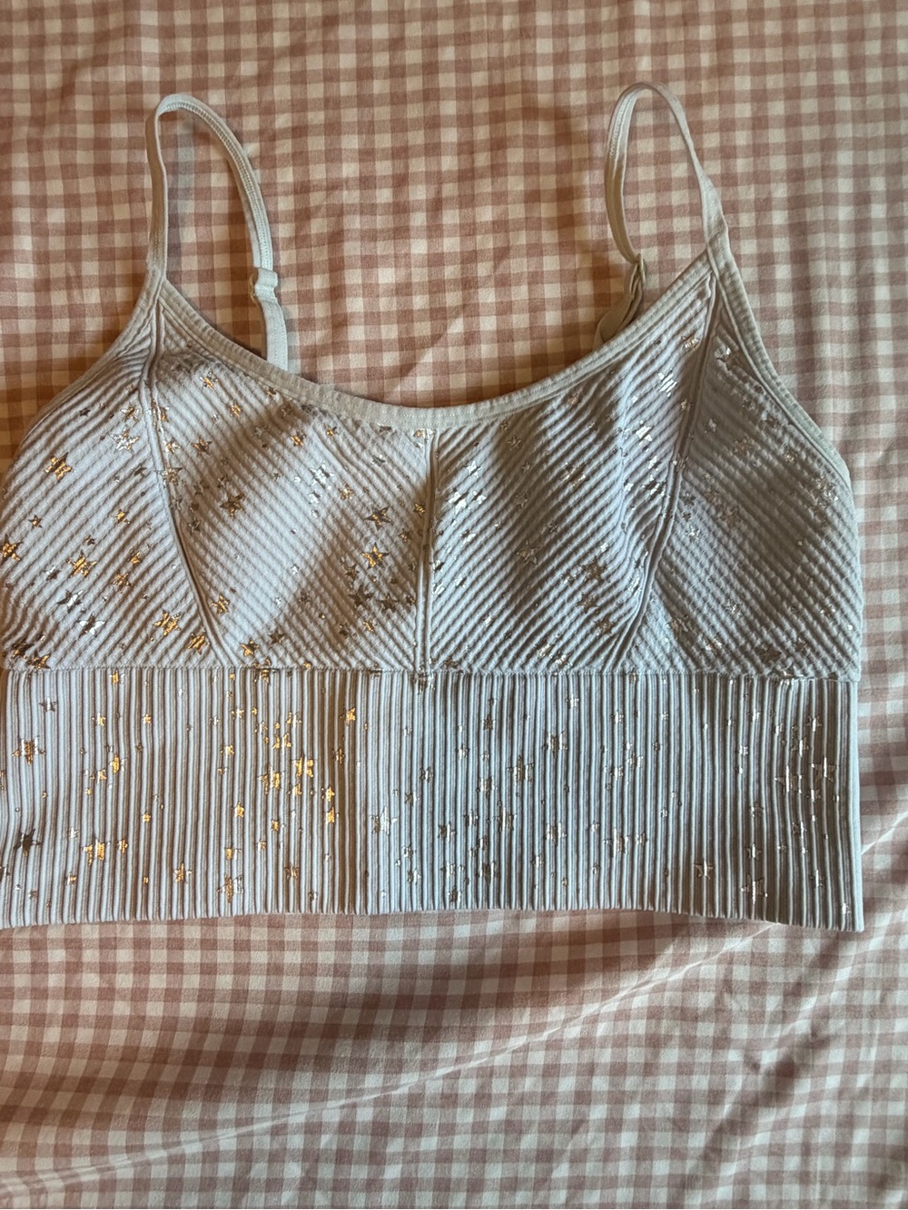 VS PINK M Light Gray Seamless Ribbed Bralette with Gold Foil Detail